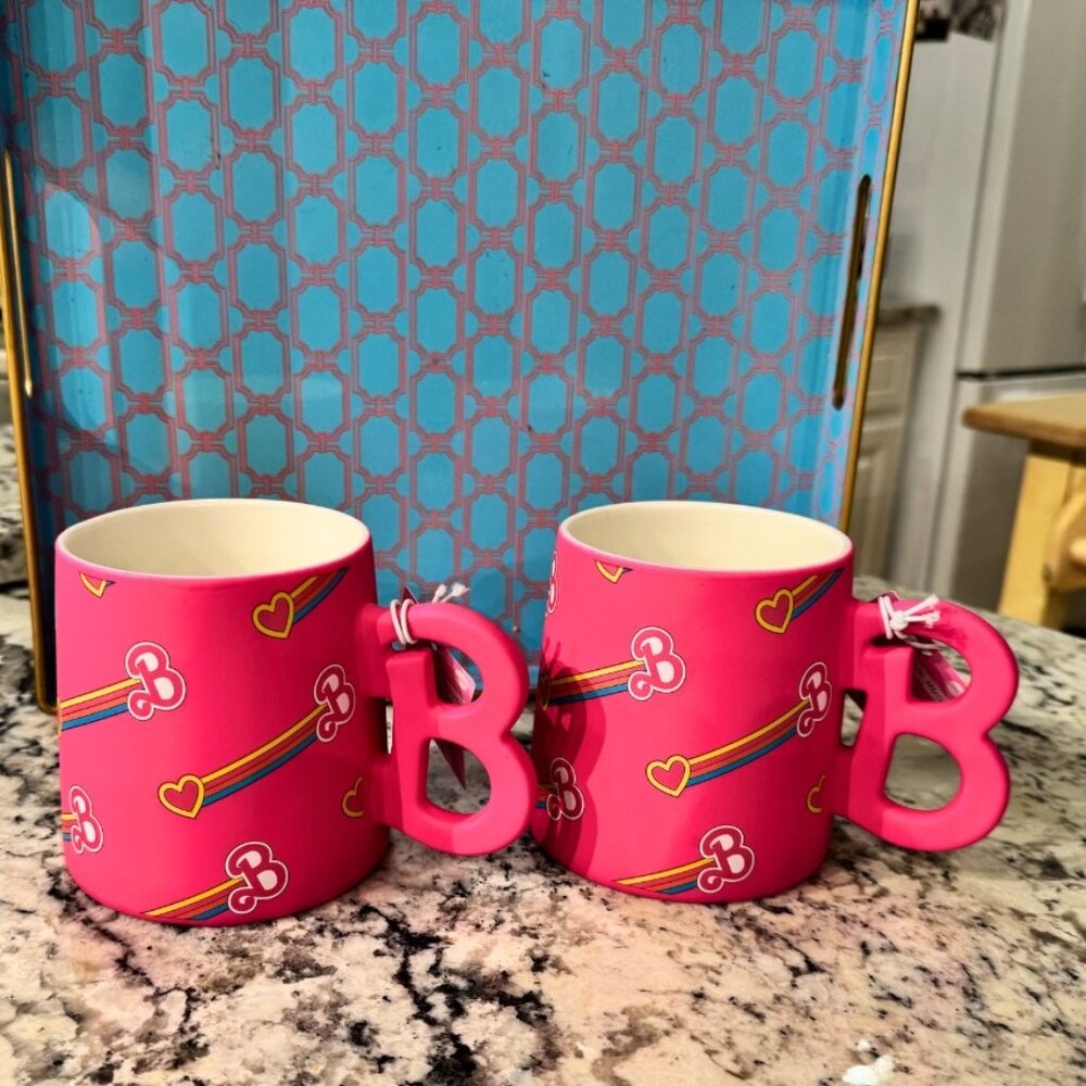 2 Barbie Pink Rainbow Heart Mug by Mattel - 21 oz High-Quality Collectible